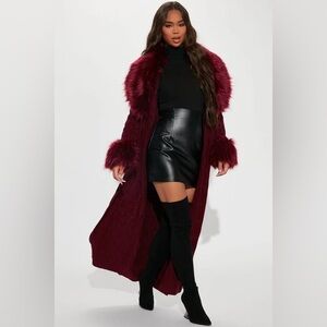 Glamorous Faux Fur Sweater Coat - Burgundy